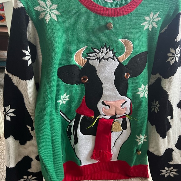 Large ugly Christmas Sweater with Holstein Cow Holiday Sweater with bell - Picture 5 of 11